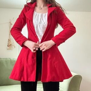 Anthropologie Wool Red Fit-and-Flare Trench Coat